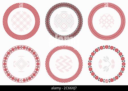 Slawische geometrische runde Muster gesetzt. Rahmen, Rahmen. Vektor-Illustration von runden slawischen Stickereien Ornament Elemente mit nahtlosen Muster Pinsel Stock Vektor