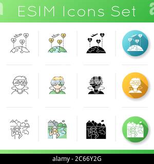 Symbole für den Urlaubstourismus eingestellt. Farbstile für Linear-, Schwarz- und RGB-Farben. Urlaubsabenteuer und Freizeitaktivitäten. Gesundheitsreise, virtuelle Reise simulatio Stock Vektor