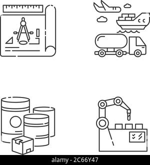 Industrielle Produktion Pixel perfekte lineare Symbole gesetzt. Rohstoffe, Entwurf, Automatisierung und Versand anpassbare dünne Linie Kontur Symbole. Isolieren Stock Vektor