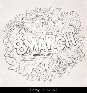 Cartoon niedlichen Kritzeleien Hand gezeichnet 8 März Inschrift. Skizzenhafte Detaildarstellung. Viele Objekte Hintergrund. Lustige Vektor Urlaub Kunstwerk Stock Vektor