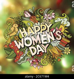 Cartoon niedliche Kritzeleien Hand gezeichnet Happy Womens Day Inschrift Stock Vektor