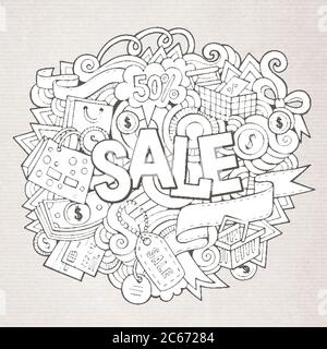 Verkauf Hand Beschriftung und kritzeln Elemente und Symbole Hintergrund. Vektor handgezeichnete Illustration Stock Vektor