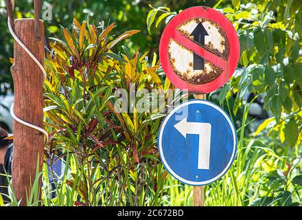 Verkehrszeichen Kreis, die verboten ist, geradeaus zu gehen und biegen Sie links Hintergrund verschwommen Baum. Stockfoto