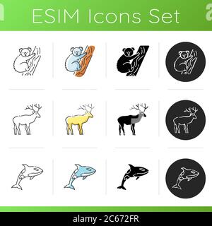 Verschiedene Tiere Symbole gesetzt. Farbstile für Linear-, Schwarz- und RGB-Farben. Gemeinsame Waldtiere und exotische Fauna. Niedlicher Koala-Bär, Killerwal und majestätischer Dee Stock Vektor