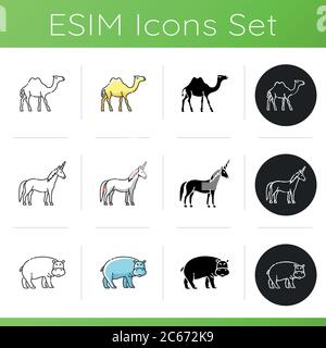 Real und Fantasy Tiere Symbole gesetzt. Farbstile für Linear-, Schwarz- und RGB-Farben. Exotische Tierwelt. Verschiedene Pflanzenfresser Säugetiere. Exotischer Nilpferd, zwei Buckel Ca Stock Vektor