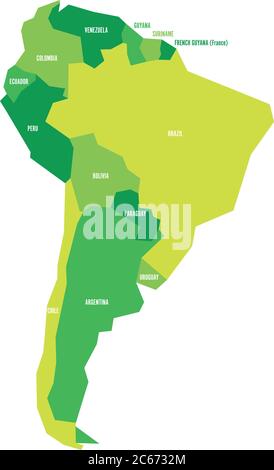 Sehr vereinfachte infographische politische Landkarte von Südamerika in grünen Farben. Einfache geometrische Vektordarstellung. Stock Vektor