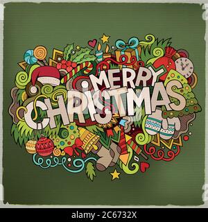 Frohe Weihnachten Hand Schriftzug und kritzeln Elemente Hintergrund. Stock Vektor