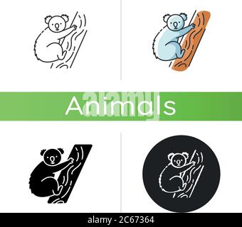 Koala-Ikone. Lineare Schwarz- und RGB-Farbstile. Niedliche Pflanzenfresser, australische einheimische Fauna, exotische Tierwelt. Liebenswert Koala Bär sitzt auf Eukalyps Stock Vektor