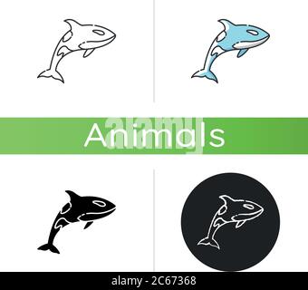 Orca-Symbol. Lineare Schwarz- und RGB-Farbstile. Gefährliche schwimmende Tier, Meeresleben, Meeresfauna. Fleischfresser Wasserwesen, Unterwasser Raubtier. Kille Stock Vektor