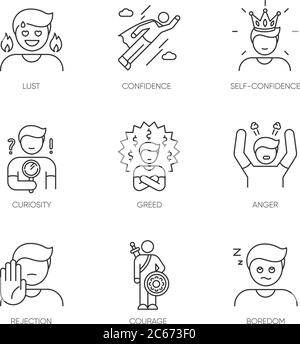 Menschliche Emotionen Pixel perfekte lineare Symbole gesetzt. Verschiedene psychologische Zustände und negative Emotionen anpassbare dünne Linie Kontur Symbole. Isolierte V Stock Vektor