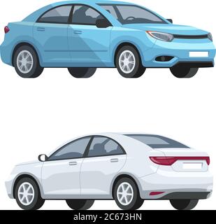 Elegante Autos semi flach RGB-Farbe Vektor Illustrationen Set. Luxus grau und blau Autos. Neufahrzeuge, Seitenansicht, Vorderansicht, Rückansicht. Stadtverkehr bedeutet Stock Vektor