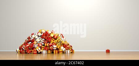 Riesiger Stapel Weihnachtsgeschenke auf einem Holzboden - 3D-Rendering Stockfoto