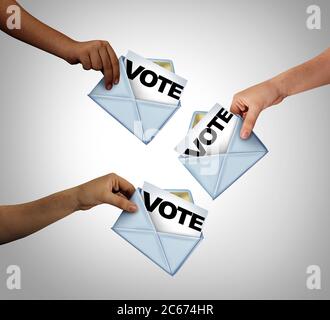 Mail in Abstimmung und Abstimmung mit per Post abgegebene Stimmzettel als Wahlsymbol für verschiedene Personen, die bei einer Wahlpoststation eine Stimmabgabe abgeben. Stockfoto