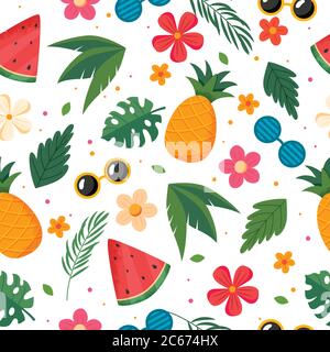 Sommermuster mit Früchten, Blättern und Blumen. Vektorgrafik in flacher Form Stock Vektor