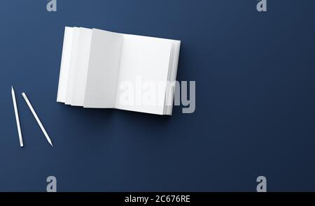 3d-Illustration. Öffnen Sie das Notizbuch mit Bleistiften auf dunklem Hintergrund. Draufsicht. Element für Design. Stockfoto