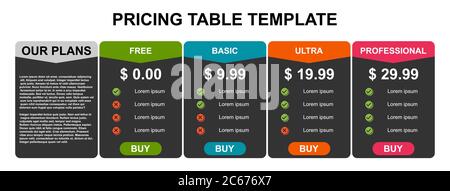 Preistabelle, Planliste oder Vergleichsvorlage. Business-Präsentation, Infografik, Website-Element, Hosting-Plan . Stock Vektor