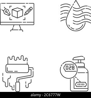 Fertigungsphasen Pixel perfekte lineare Symbole gesetzt. CAD, Produktlackierung, Trocknung und Seriennummerierung anpassbare dünne Linie Kontursymbole. Isolat Stock Vektor