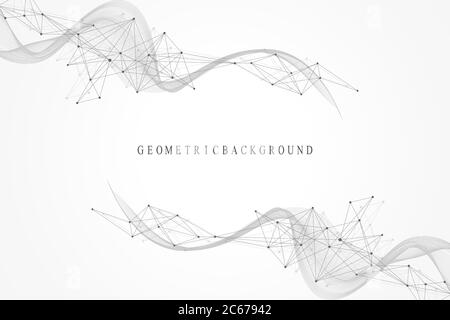 Abstrakter geometrischer Hintergrund mit dynamischen Partikeln, Wellenfluss. Big Data, Plexus Stream Hintergrund. Perspektivische Datenvisualisierung mit Fraktal Stock Vektor