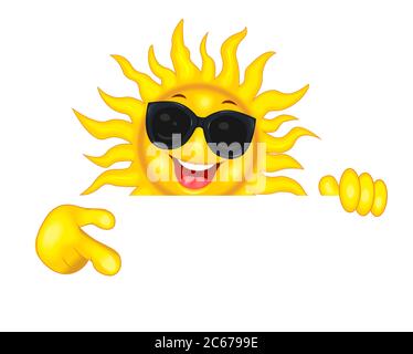 Fröhliche Cartoon Sonne in Sonnenbrillen. Die lächelnde Sonne zeigt mit der Hand eine Richtung, lädt ein, achtet darauf. Sonne auf weißem Hintergrund. Stock Vektor
