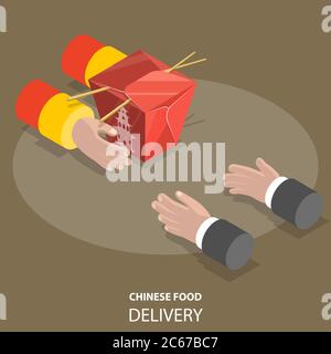 Chinesische Lebensmittel schnelle Lieferung flach isometrischen low-Poly-Vektor-Konzept. Stock Vektor