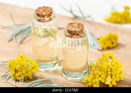 Helichrysum ätherisches Öl in Glasflasche. Pflanzliche Heilmittel Öl Stockfoto