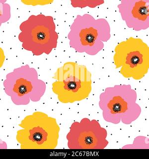 Große rote rosa und gelbe Blumen nahtlose Vektor-Muster auf einem Polka-Punkt Hintergrund. Wiederholen floralen Hintergrund skandinavischen Stil. Mohnblumen Stock Vektor
