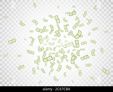 Dollar fliegt auf transparentem Hintergrund. Explosion der Banknoten-Symbole. Geld in einem flachen Stil. Cartoon-Cash-Schild. Währungssammlung. Dollarscheine. Papier Stock Vektor