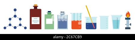 Kolben, Spiritus Lampe, Reagenzglas, Mikroskop, Reagenzien, Becher, Chemikalien. Chemische, wissenschaftliche, pädagogische Vektor Illustration Vektor-Symbol flach Stock Vektor