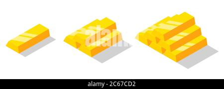 Isometrisches goldenes Balkenset. Goldsteine oder Ingot isoliert auf weißem Hintergrund Stock Vektor