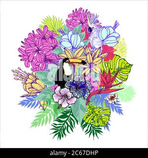 Poster / Karte / Komposition von handgezeichneten Skizze Stil tropischen Blumen, Pflanzen, Kakadu und Tukan isoliert auf weißem Hintergrund. Vektorgrafik Stock Vektor
