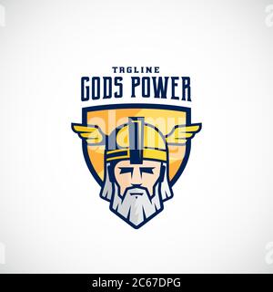 Gods Power Vector Sport Team oder League Logo Template. Odin Gesicht in einem Schild, mit Typografie. Mächtiger Krieger Kopf in Helm Maskottchen. Stock Vektor