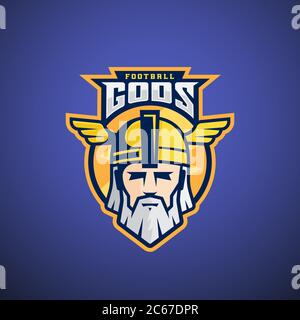 Football Gods Vector Sport Team oder League Logo Template. Odin Gesicht mit Typografie. Mächtiger Krieger Kopf in einem Helm Maskottchen. Stock Vektor