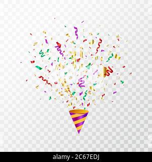Bunte Konfetti fliegen auf transparentem Hintergrund. Party Cracker mit farbigen Konfetti, Serpentin. Helle festliche Lametta. Party Popper. Design für den Urlaub Stock Vektor
