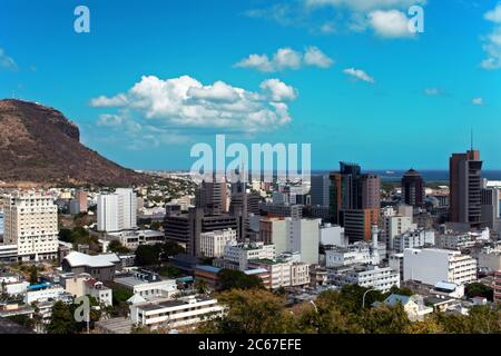 Port Louis ist die Hauptstadt von Mauritius und ist das wirtschaftliche, kulturelle und politische Zentrum des Landes. Es ist nach König Ludwig XV von Frankreich benannt. Stockfoto