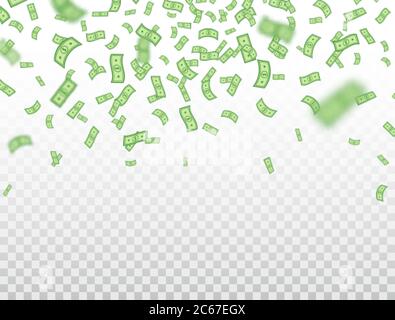Dollar-Banknoten fallen auf transparenten Hintergrund. Dollar Symbol Explosion. Geld in einem flachen Stil. Cartoon-Cash-Schild. Währungssammlung. Papierbank Stock Vektor