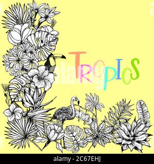 Poster / Karte / Komposition von handgezeichneten Skizze Stil tropischen Blumen, Pflanzen, Flamingo und Tukan isoliert auf gelbem Hintergrund. Vektordarstellung Stock Vektor