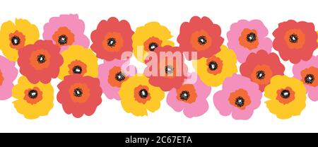 Große rote rosa und gelbe Blumen nahtlose Vektor-Grenze. Wiederholtes Blumenmuster im skandinavischen Stil. Mohnblumen. Für Stoffbesatz, Bänder Stock Vektor