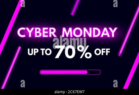 Cyber Monday Sale Banner in modernem Neon-Stil. Helles Lila Leuchtbrett. Nächtliche Werbung für Rabatte auf Cyber Monday. Jetzt kaufen concep Stock Vektor