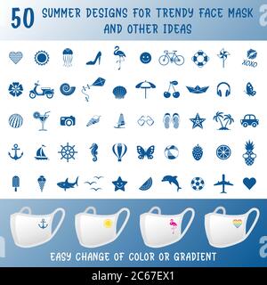 50 Sommer Designs für trendige Schutz Gesichtsmaske und andere Ideen. Alle Elemente befinden sich auf separaten Ebenen. Vektorgrafik. Stock Vektor