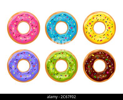 Donuts setzen isoliert auf weißem Hintergrund in realistischem Stil. Farbglasierte Donuts. Vektorgrafik. Stock Vektor