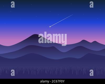 Landschaft bei Sonnenuntergang, Berge und Sternschnuppe Stock Vektor
