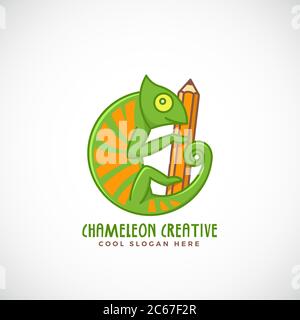 Chameleon Creative. Abstraktes Vektor-Linienstil-Zeichen, Emblem oder Logo-Vorlage. Reptil auf einem Bleistift-Konzept-Symbol. Stock Vektor