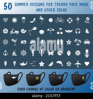 50 Sommer Designs für trendige schwarze Schutzmaske und andere Ideen. Alle Elemente befinden sich auf separaten Ebenen. Vektorgrafik. Stock Vektor