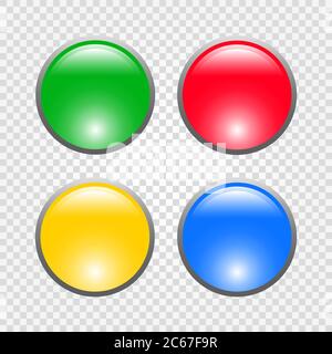 Runde glänzende Knöpfe. Vier farbige Web-Tasten. Vektorgrafik. Stock Vektor