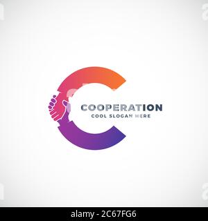 Kooperation Abstraktes Vektorzeichen, Symbol oder Logo-Vorlage. Hand Shake Incorporated in Letter C Concept. Stock Vektor