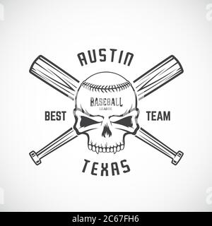 Handgezeichnete Baseball Team Logo Vorlage. Schild mit Totenkopf und gekreuzten Fledermäuse. Kugelkopfkonzept. Sport-Emblem mit Premium-Typografie. Stock Vektor