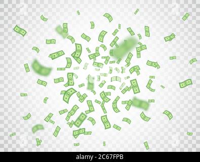 Dollar-Banknoten fallen auf transparenten Hintergrund. Dollar Symbol Explosion. Geld in einem flachen Stil. Cartoon-Cash-Schild. Währungssammlung. Papierbank Stock Vektor