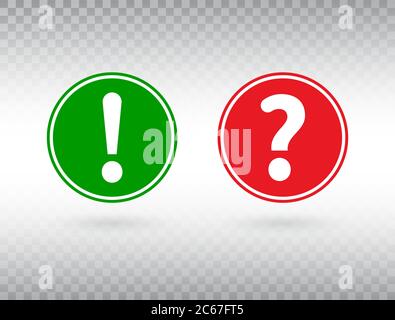 Symbole für Fragen und Ausrufezeichen gesetzt. Hilfeinzeichen und Warnsymbol. FAQ-Symbol auf transparentem Hintergrund. Roter und grüner Kreis mit Aufmerksamkeitsbutto Stock Vektor