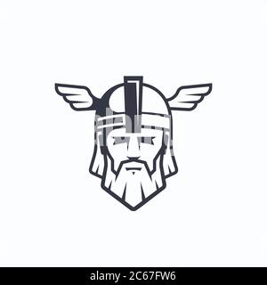 Odin Vector Sport Team oder League Logo Template. Wikingergesicht mit Typografie. Mächtiger Krieger Kopf in einem Helm Maskottchen. Stock Vektor