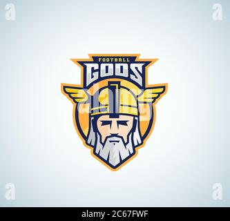Football Gods Vector Sport Team oder League Logo Template. Odin Gesicht mit Typografie. Mächtiger Krieger Kopf in einem Helm Maskottchen. Stock Vektor